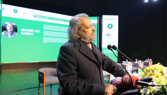 Federal Minister of Education and Professional Training Madad Ali Sindhi speaks during the national launch of the 2023 Global Education Monitoring Report on January 15, 2024. — Facebook/Ministry of Federal Education and Professional Training Pakistan
