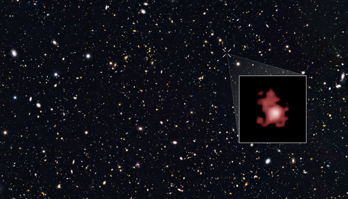 This image released on January 17, 2024, shows the position of the most distant galaxy discovered so far within a deep sky Hubble Space Telescope survey called GOODS North (Great Observatories Origins Deep Survey North). — The Hubble Space Telescope website via NASA, ESA, and P. Oesch (Yale University)