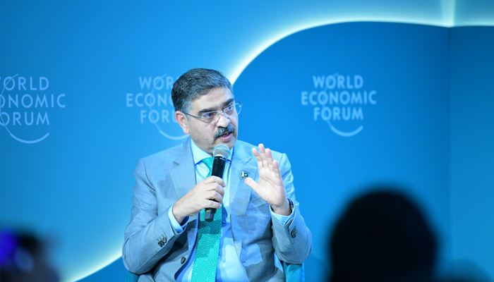 Caretaker Prime Minister Anwaar-ul-Haq Kakar while speaking in Davos on January 17, 2024. — X/@GovtofPakistan