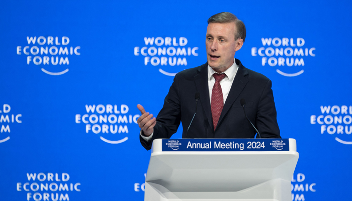 US National Security Advisor Jake Sullivan addresses the assembly at the World Economic Forum annual meeting in Davos, on January 16, 2024. — AFP
