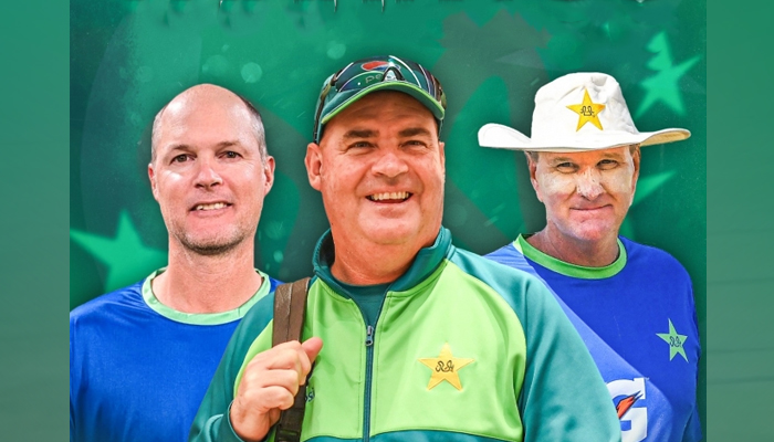 Mickey Arthur (c), Andrew Puttick(L), and Grant Bradburn can be seen in this image released by PCB on January 18, 2024. — PCB