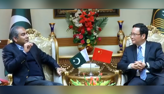 Chinese Consul General Zhao Shiren, (R) talks with Mohsin Naqvi during the meeting on devising strategies to combat the prevalent issue of smog at the Chief Ministers Office in Lahore in this still on January 18, 2024. — Facebook/Govt of Punjab