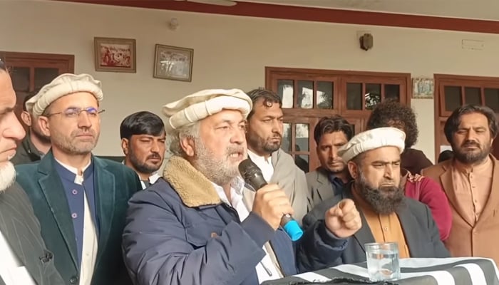 Former federal minister and JUIF candidate for National Assembly from Khyber district Hameedullah Jan Afridi speaks during a gathering of supporters in this still on January 17, 2024. — Facebook/Hameedullah Jan Afridi