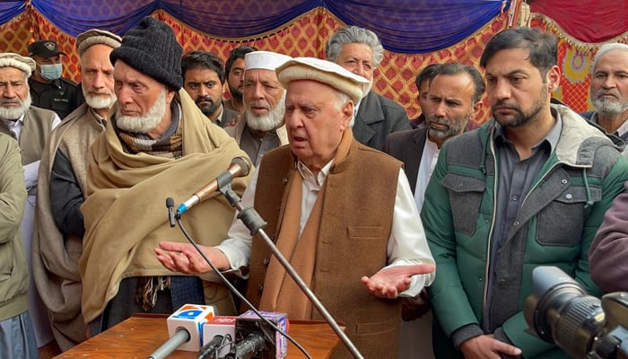 Qaumi Watan Party (QWP) Chairman Aftab Ahmad Khan Sherpao speaks at a press conference at Sherpao village in Charsadda on January 18, 2024. — Facebook/Aftab Ahmad Khan Sherpao