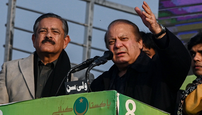 Pakistans former Prime Minister and leader of the Pakistan Muslim League (PML) party Nawaz Sharif (C) speaks during an election campaign rally in Hafizabad of Punjab province on January 18, 2024. — AFP