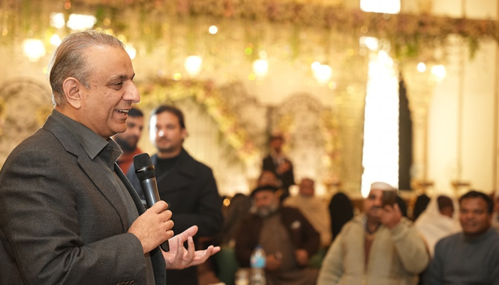 IPP President and candidate from NA-117 Abdul Aleem Khan speaks while meeting with the former Punjab governor Chaudhry Sarwar on January 18, 2024. — Facebook/Abdul Aleem Khan
