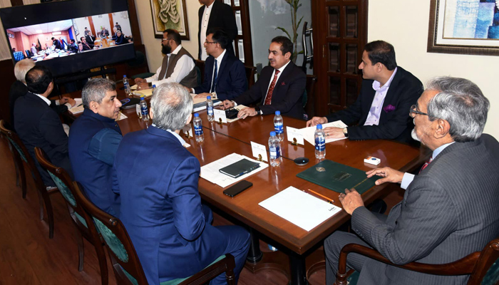 Sindh Caretaker Chief Minister Justice (r) Maqbool Baqar presides over a meeting regarding the construction of the high-rises on January 17, 2024. — Facebook/Sindh Government