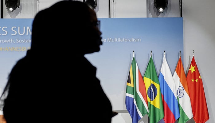 A woman stands near the flags of South Africa, Brazil, Russia, India and China during the 2023 BRICS Summit at the Sandton Convention Centre in Johannesburg on August 24, 2023. — AFP