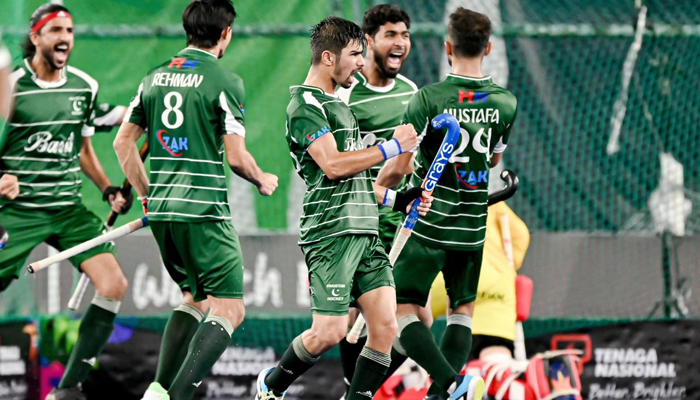 Pakistani hockey team players celebrate in this image on December 9, 2023. — Facebook/Pakistan Hockey Federation