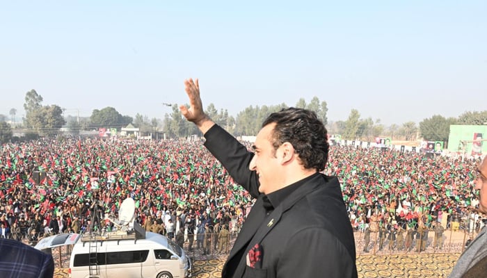PPP Chairman Bilawal Bhutto-Zardari waves during a party rally on January 19, 2024. — Facebook/Pakistan Peoples Party - PPP
