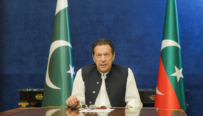 Pakistan Tehreek-e-Insaf (PTI) founder Imran Khan speaks virtually to his supporters from Lahore on May 30, 2023. — Facebook/Imran Khan
