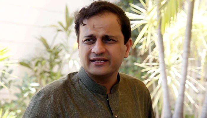 Sindh Government spokesperson Barrister Murtaza Wahab addresses a press conference at Sindh Assembly building in Karachi, on May 12, 2023. — PPI