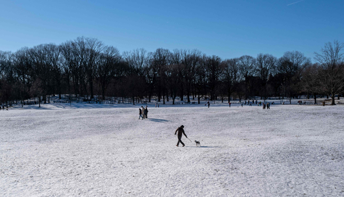 People walk through the snow in Brooklyns Prospect Park on a cold winter afternoon on January 21, 2024 in New York City. — AFP