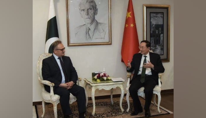 Foreign Secretary Muhammad Syrus Sajjad Qazi (L) and Vice Minister for Foreign Affairs of China Sun Weidong meet during a Chinese delegation visit to Pakistan on January 20, 2024. — X/@ForeignOfficePk