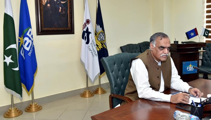 Secretary Revenue Division/FBR Chairman Amjad Zubair Tiwana sits during a meeting on August 6, 2023. — Facebook/Federal Board of Revenue