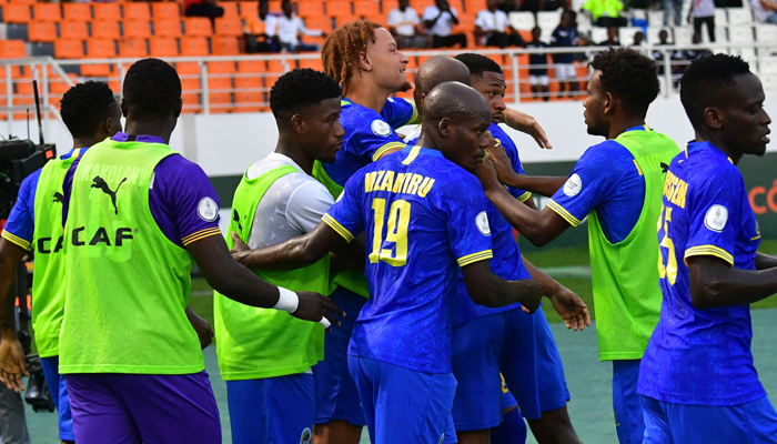 Tanzanias players celebrate scoring their team´s first goal during the Africa Cup of Nations (CAN) 2024 group F football match between Zambia and Tanzania at Stade Laurent Pokou in San Pedro on January 21, 2024. — AFP