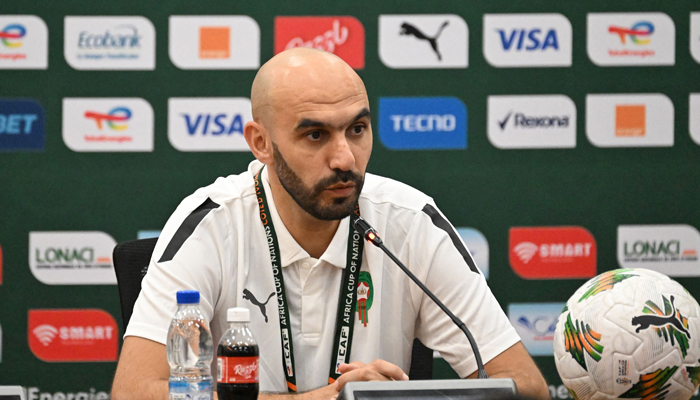 Moroccos coach Walid Regragui speaks during a press conference at the Laurent-Pokou stadium in San Pedro on January 20, 2024. — AFP