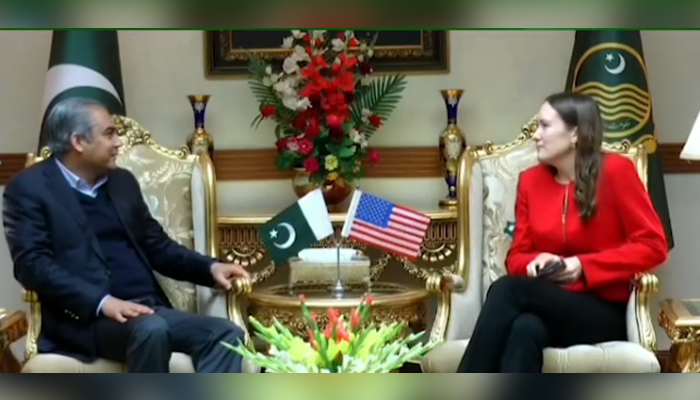 US Consul General Ms. Kristin K Hawkins (R) meeting Chief Minister Mohsin Naqvi at CM House in this still on January 22, 2024. — Facebook/Chief Minister Punjabs Updates