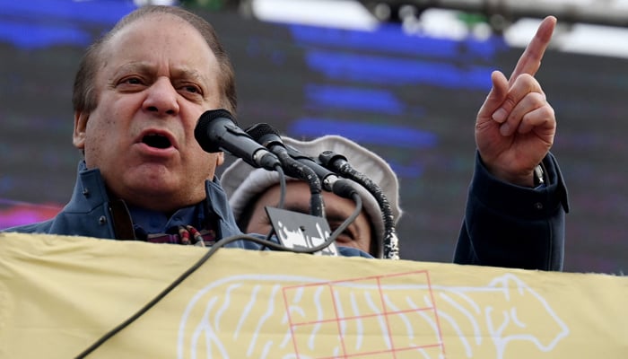 Former Prime Minister and leader of PMLN Nawaz Sharif addresses the gathering during an election campaign rally at Mansehra in Khyber Pakhtunkhwa province on January 22, 2024. — AFP