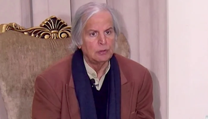 Senior politician Javed Hashmi addressing a press conference in Multan, on January 22, 2024, in this still taken from a video. — X