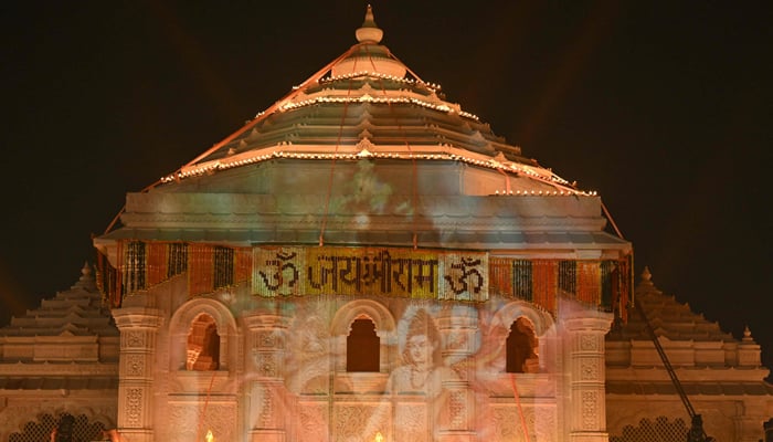 A photo shows a general view of the illuminated Ram temple following its consecration ceremony in Ayodhya in India´s Uttar Pradesh state on January 22, 2024. — AFP