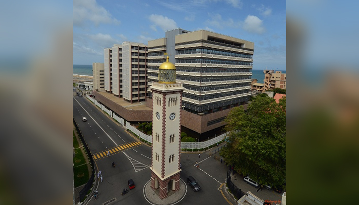 The aerial view of the CBSL Headquarters building in Janadhipathi Mawatha, Colombo (Fort) with the Indian Ocean in the background. — SBSL Website