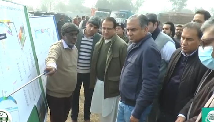 Chief Minister Mohsin Naqvi can be seen at the site of Walton Railway Crossing Flyover on January 23, 2024. — Facebook/Govt of Punjab