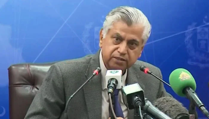 Caretaker Information Minister Murtaza Solangi speaks during a press conference in Islamabad on August 18, 2023. — X/@geonews_urdu