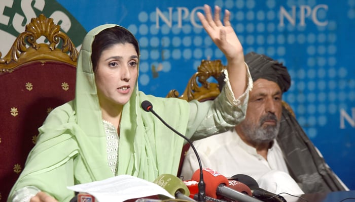 Former Member of National Assembly Ayesha Gulalai Wazir addresses a press conference at the National Press Club in the Federal Capital. — Online/File