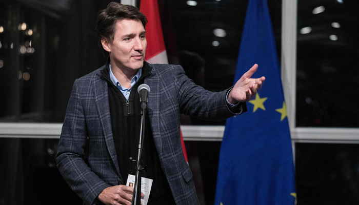 Canadas PM Justin Trudeau speaks during the EU Leaders Summit opening reception at Quivi Vidi Brewery in St. Johns, Newfoundland and Labrador, on November 23, 2023. — AFP