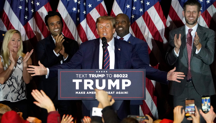 Republican presidential hopeful and former US President Donald Trump speaks during an Election Night Party in Nashua, New Hampshire, on January 23, 2024. — AFP