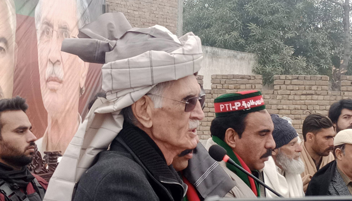Pakistan Tehreek-e-Insaf-Parliamentarians (PTIP) chairman Pervez Khattak addresses a public gathering on January 23, 2024. — Facebook/Pervez Khattak