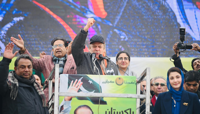 Former PM and Quaid of PMLN Mian Nawaz Sharif gestures while speaking to his supporters at the Hockey Stadium, Nankana Sahib on January 24, 2024. — Facebook/Maryam Nawaz Sharif