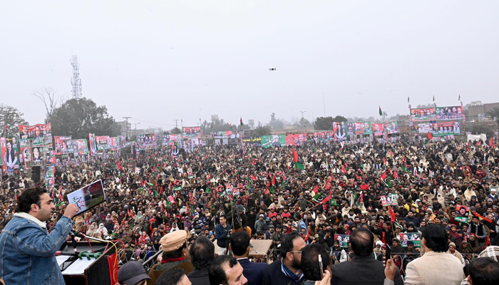 Pakistan Peoples Party Chairman Bilawal-Bhutto Zardari waves the partys manifesto while addressing a public meeting in Sargodha on January 24, 2024. — Facebook/Pakistan Peoples Party - PPP