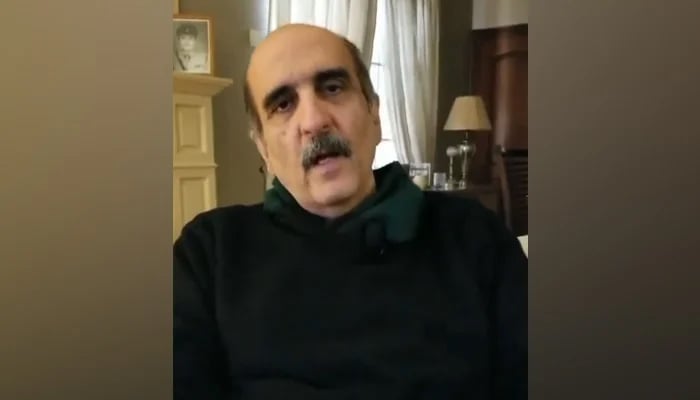 Pakistan Tehreek-e-Insaf (PTI) founding member Akbar S. Babar speaks in a video message in this still taken from a video released on December 8, 2023. — X/@asbabar786