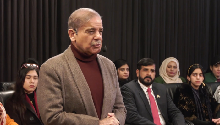 Former prime minister and PMLN President Shehbaz Sharif speaks to a group of young people on the challenges and future of Pakistan in this still on January 24, 2024. — Facebook/Mian Shehbaz Sharif