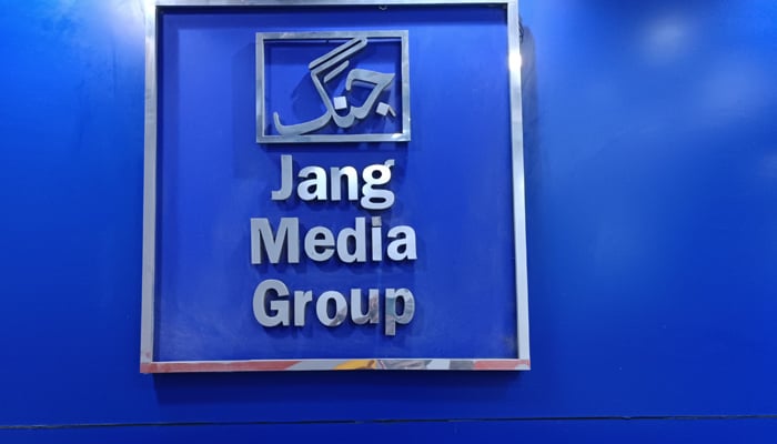 This image taken on January 25, 2024, shows Jang Media Groups logo at the entrance of the Jang Group building in Karachi. — Geo.tv/Saad Aalam Angaria