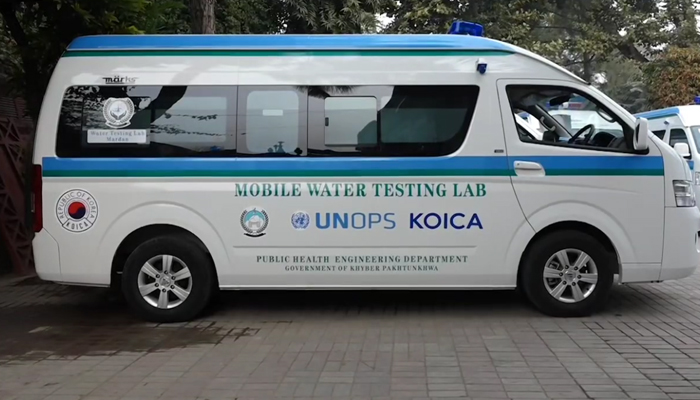 This still shows a mobile water testing vehicle parked in a parking lot in KP on January 25, 2024. — Facebook/Government of Khyber Pakhtunkhwa