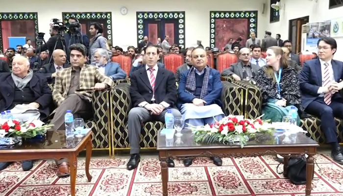 Caretaker Chief Minister Syed Arshad Hussain Shah as the chief guest sits at the Mobile Water Testing Laboratories ceremony along with Provincial cabinet members at the Chief Minister’s House Peshawar on January 25, 2024, in this still. — Facebook/Chief Minister Khyber Pakhtunkhwa
