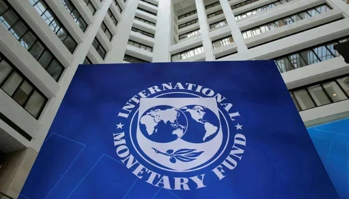 The IMF logo can be seen in this image. — AFP/File