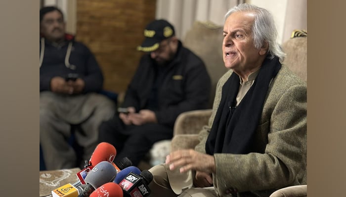 Veteran politician Makhdoom Javed Hashmi gestures as he speaks with the media in the constituency NA 149, on January 16, 2024. — Facebook/Makhdoom Muhammad Javed Hashmi