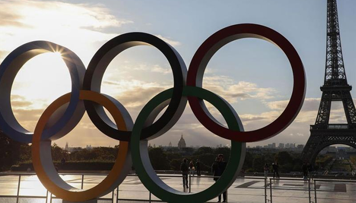 The Olympic rings installed on the Esplanade du Trocadero near the Eiffel tower following the Paris nomination as host for the 2024 Olympics in Paris. — AFP