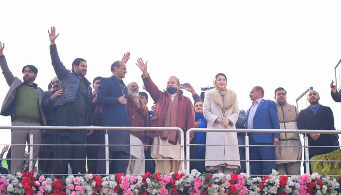 Pakistan Muslim League-Nawaz supremo Nawaz Sharif (c) waves at the party supports during an election rally in Burewala on January 26, 2024. — Facebook/Nawaz Sharif