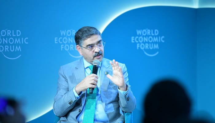Caretaker Prime Minister Anwaar-ul-Haq Kakar speaks during a session at the WEF on January 17, 2024. — X/@GovtofPakistan