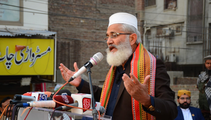 Jamaat-e-Islami Ameer Sirajul Haq speaks during a gathering at an election rally in Hyderabad on January 26, 2024. — Facebook/Siraj ul Haq