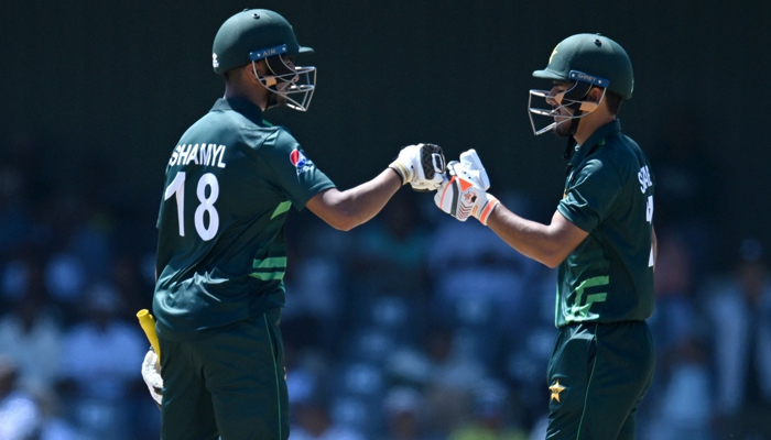 Pakistans U-19 opener batters Shahzaib Khan and Shamyl Hussain can be seen in this image during the cricket match against NZ on January 27, 2024. — Facebook/Pakistan Cricket Team