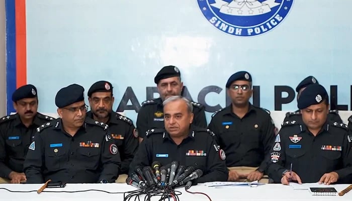 Karachi police chief Khadim Hussain Rind speaking with the media in this still taken from a video released on October 26, 2023. — Facebook/Karachi Police - KPO