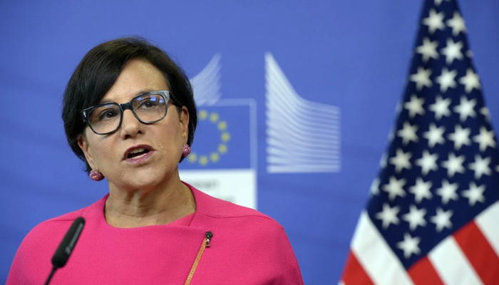 US Special Representative for Ukraine’s Economic Recovery Penny Pritzker can be seen while talking to the media. — AFP/File