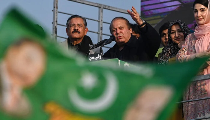 Pakistans former Prime Minister and leader of the Pakistan Muslim League party Nawaz Sharif (C) speaks during an election campaign rally in Hafizabad of Punjab province on January 18, 2024. — AFP