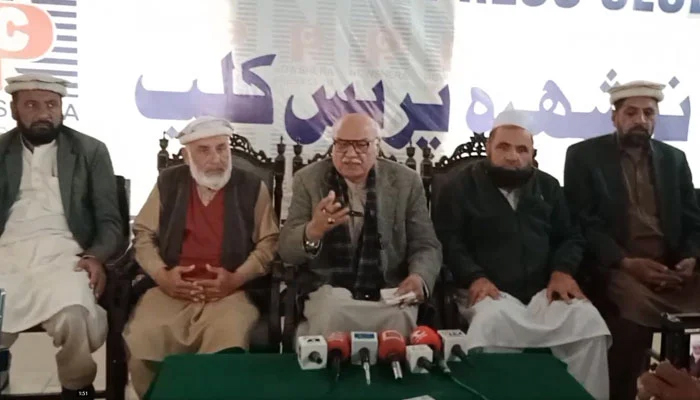 Awami National Party (ANP) leader Mian Iftikhar Hussain addresses a press conference in Nowshera on Dec 19, 2023. — Facebook/Mian Iftikhar Hussain